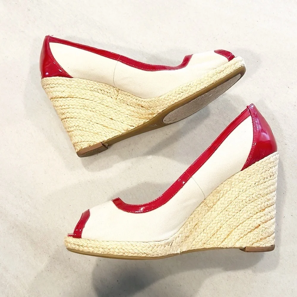 Enzo Angiolini Wedges Espadrille red and tan Patent Leather heels size 7.5